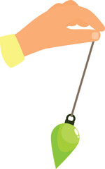 Hand is holding a green pendulum on a string, swinging it back and forth for dowsing and divination
