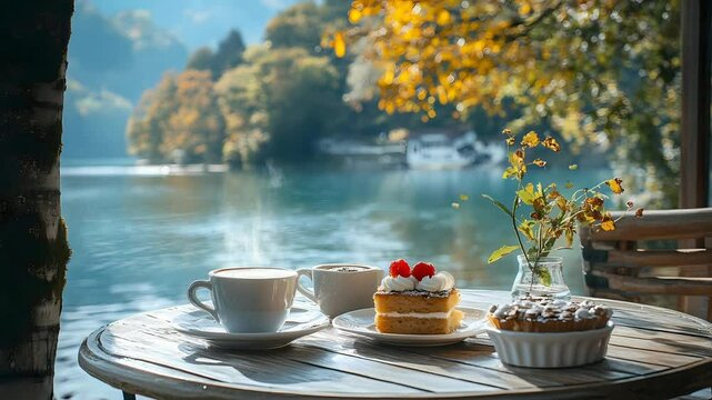 cake in a plate and a cup of coffee in the table with lake panorama, Seamless looping 4k time-lapse virtual video animation background