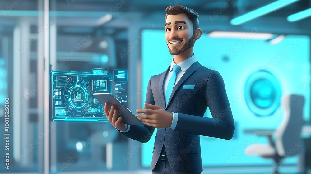 Poster business man using tablet with holographic data display in modern tech office