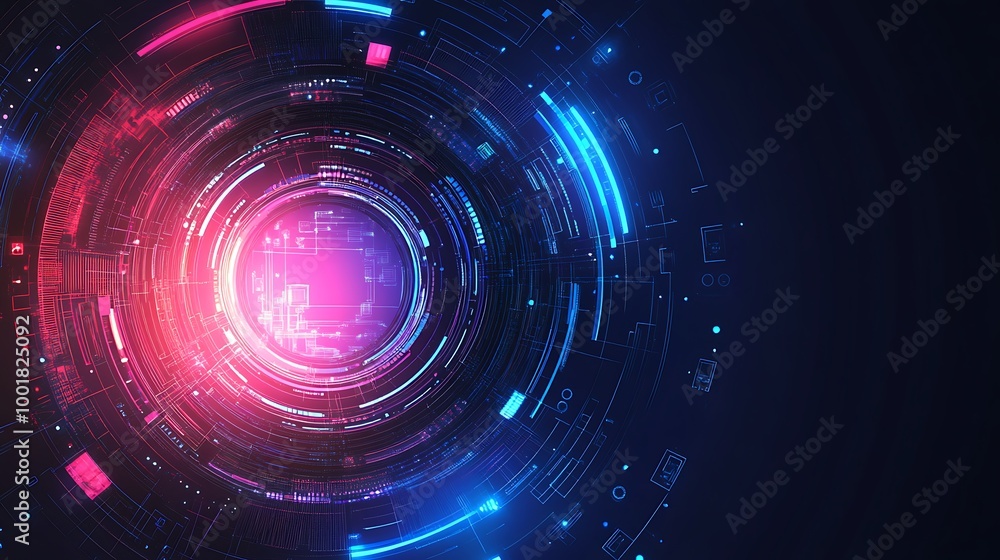 Poster abstract digital technology background with glowing circles and lines.