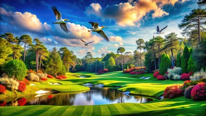 Majestic Birds Soaring Above Lush Greenery at a Scenic Golf Course in Augusta National Landscape