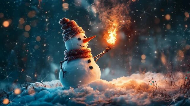 Courageous snowman hold a flaming torch amidst thick snowy panorama, Seamless looping 4k time-lapse virtual video animation background