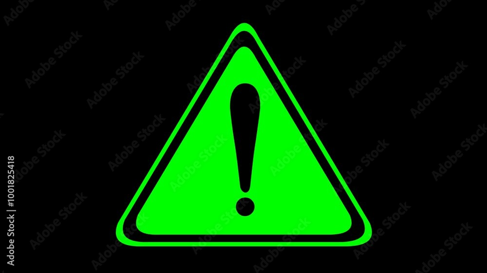 Poster video animation green icon exclamation mark system error message, on a transparent background with a