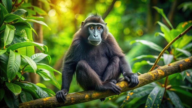 Majestic Black Monkey Sitting on a Branch in Lush Green Jungle Surrounded by Vibrant Nature