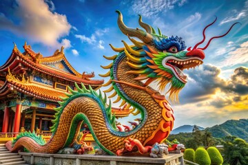 Majestic Chiwen Dragon Sculpture Adorning Traditional Architecture in a Serene Landscape Setting