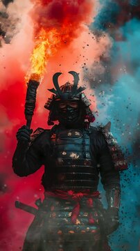 spooky samurai warrior holding fire torch surrounded by thick dark smoke Seamless looping 4k time-lapse virtual video animation background.
