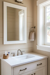 Fototapeta premium A small bathroom featuring an off-white vanity with a white marble countertop, adorned by a wall-hanging mirror and natural light streaming through the window.The walls feature a beige shiplap texture