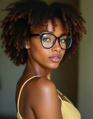 Beautiful afro-american woman with glasses. Created with AI. High quality upscale and postproduction.