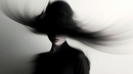 Obraz premium A mysterious woman in a black turtleneck and hat, her face obscured by motion blur