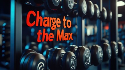 Rows of dumbbells in modern gym with motivational quote charge to the max - sport concept