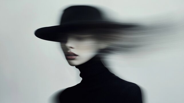 A mysterious woman in a black turtleneck and hat, her face obscured by motion blur