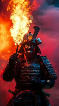 samurai warrior holding fire torch surrounded by thick dark smoke Seamless looping 4k time-lapse virtual video animation background.