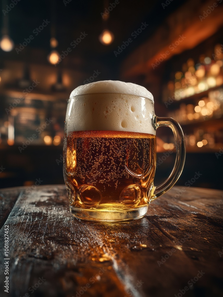 Aufkleber A frothy mug of beer brimming with foam on a rustic wooden table in a cozy bar setting at night. Generative AI
