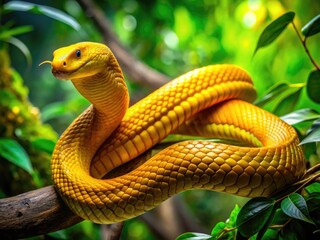 Fototapeta premium Majestic Gold Tree Cobra Coiled on a Branch in Lush Green Jungle Habitat Captured in Close-Up