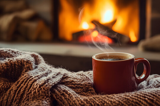 Mug with hot cocoa drink in front of fireplace in a cozy living room