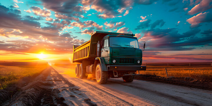 Camion de carga tipo volteo color verde en un camino de terracer&iacute;a 