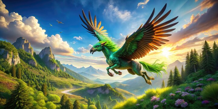 Majestic Hippogryph Soaring Through a Clear Sky with Lush Green Landscape Below in Fantasy Realm