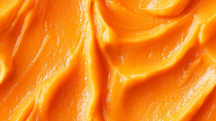 a close-up, top-down view, texture background of carrot-orange puree filling the frame with its vibrant orange color and smooth consistency