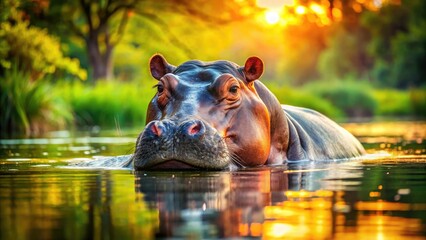 Fototapeta premium Majestic Hippopotamus Relaxing in the Water Under the Sunlight in a Serene Natural Habitat