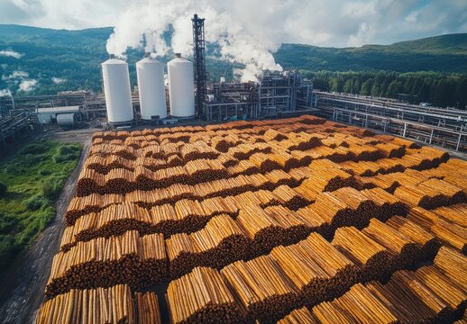 Drone view of a lumberyard featuring stacked wooden logs and an industrial plant with silos under a clear blue sky