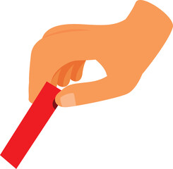 Cartoon hand is holding a red domino tile with two empty spaces