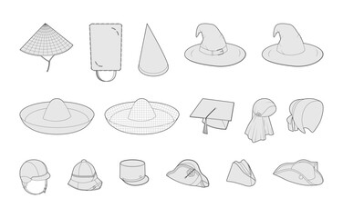 Set of Different Hats - Coolie Mortarboard Sombrero Wizard, Bicorne Bonnet Bearskin, Kepi Pith Riding Helmet. Head Fashion accessory caps technical illustration. Vector for Men, women style, flat CAD