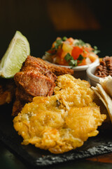 This image shows a closeup of beautifully arranged food on a table