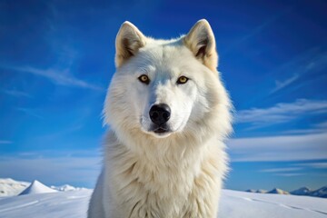 Obraz premium Majestic Huge White Wolf Staring Intently in a Snowy Landscape Under a Clear Blue Sky