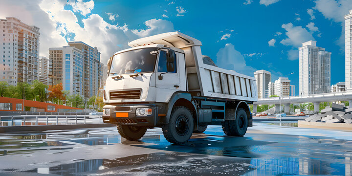 Volteo o camion de carga color blanco en una ciudad al fondo 