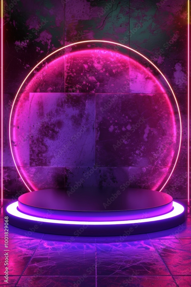 Poster a vibrant illuminated showcase featuring a glowing orb on a sleek pedestal within a neon-lit space. 