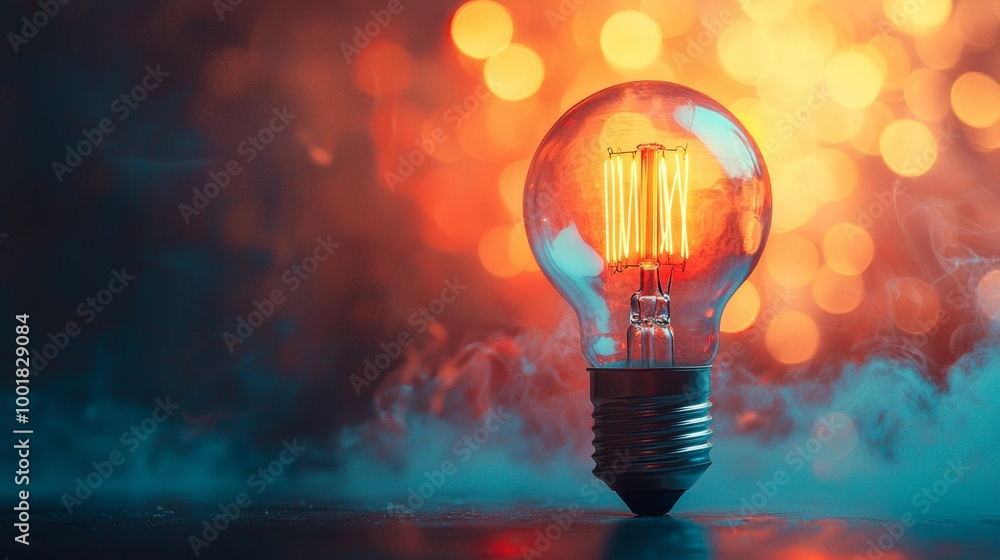 Poster glowing light bulb with bokeh lights in background