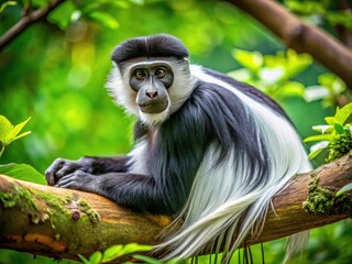 Obraz premium Majestic King Colobus Monkey Relaxing on a Tree Branch in Lush Green Forest Habitat of Africa