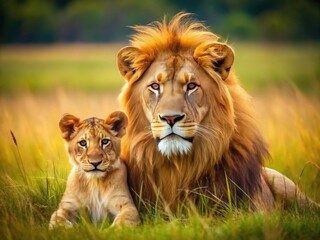 Obraz premium Majestic Lion and Playful Cub Resting Together in the Grasslands of the African Savanna
