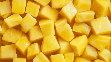 a close-up, top-down view, texture background of chopped pineapple spread across the entire frame, filling the image with their bright yellow color and juicy texture in irregular chunks