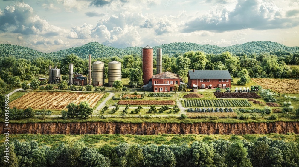 Wall mural A rural factory complex with farm fields and a red barn, surrounded by green hills and trees.