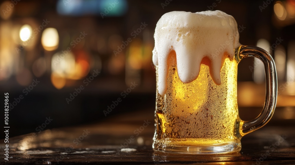 Poster A frothy beer mug overflowing with foam on a rustic wooden table in a cozy pub setting during the evening. Generative AI