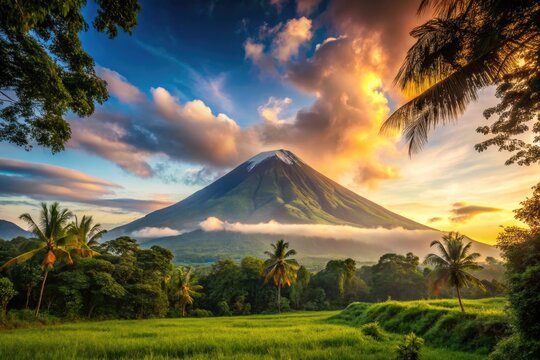 Majestic Mount Kanlaon Volcano Surrounded by Lush Greenery and Vibrant Sky in the Philippines