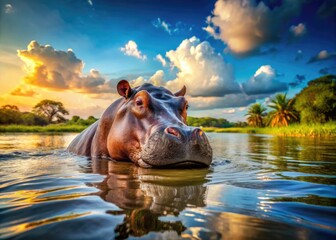 Fototapeta premium Majestic Nile Hippopotamus Relaxing in Water Under Bright Sunlight in Natural Habitat Environment