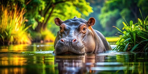 Fototapeta premium Majestic Nile Hippo Relaxing in the Water Surrounded by Lush Greenery and Natural Habitat Setting