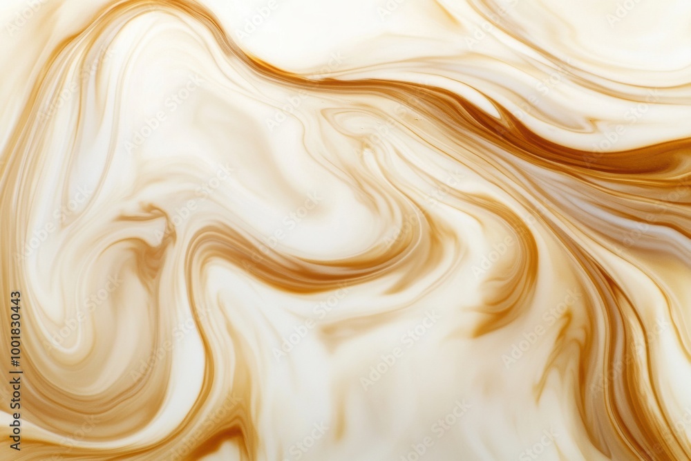 Poster swirling coffee merges into creamy milk, creating dynamic patterns in a warm and inviting blend of c