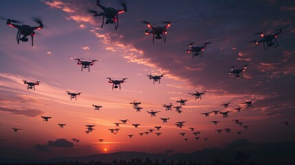 A swarm of drones fills the sky at sunset, creating a captivating and futuristic scene.
