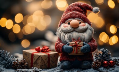 Christmas decoration with Santa Claus toy and gift box on bokeh background. Santa Claus on a small wooden sleigh with gifts. Christmas greeting card.