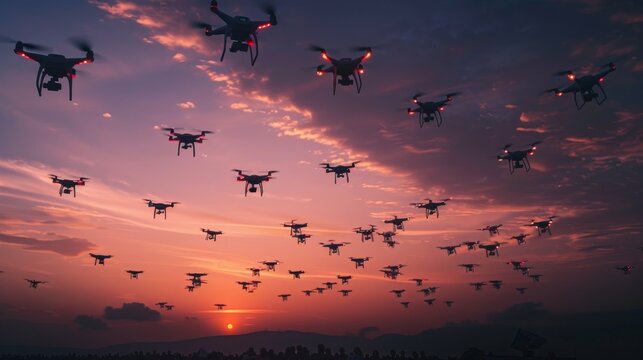 A swarm of drones fills the sky at sunset, creating a captivating and futuristic scene.