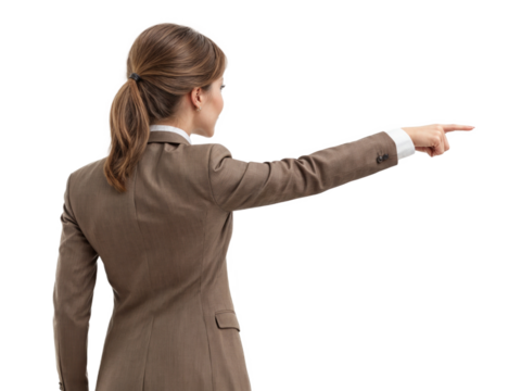 Mulher elegante com o dedo indicador apontando para o lado, apresentando algo