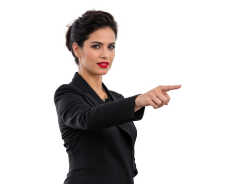 Mulher elegante com o dedo indicador apontando para o lado, apresentando algo