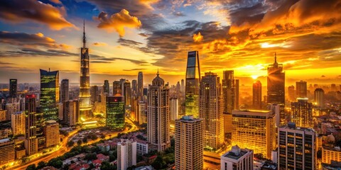 Obraz premium Majestic view of a golden city skyline at sunset with illuminated buildings and vibrant atmosphere