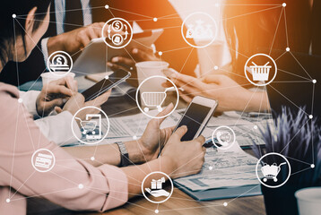 Online shopping and Internet Money Payment Transaction Technology. Modern graphic interface showing...