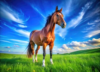Majestic Wall Eye Horse Standing Proudly in a Green Pasture Under a Clear Blue Sky