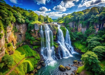 Fototapeta premium Majestic Waterfall Cascading Down Rocky Cliff Surrounded by Lush Greenery in Nature's Splendor