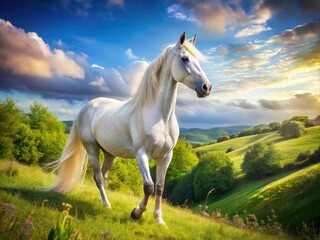 Fototapeta premium Majestic White Horse in Natural Landscape with Lush Greenery and Bright Blue Sky Background